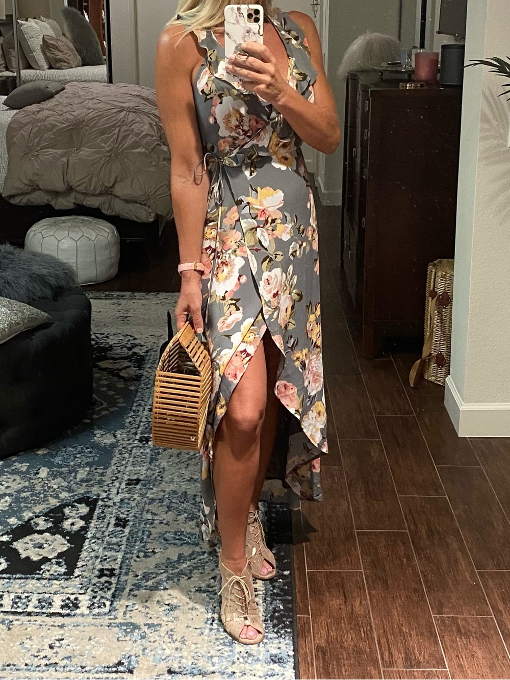 REVOLVE Gray Floral Ruffle Wrap High-Low Dress